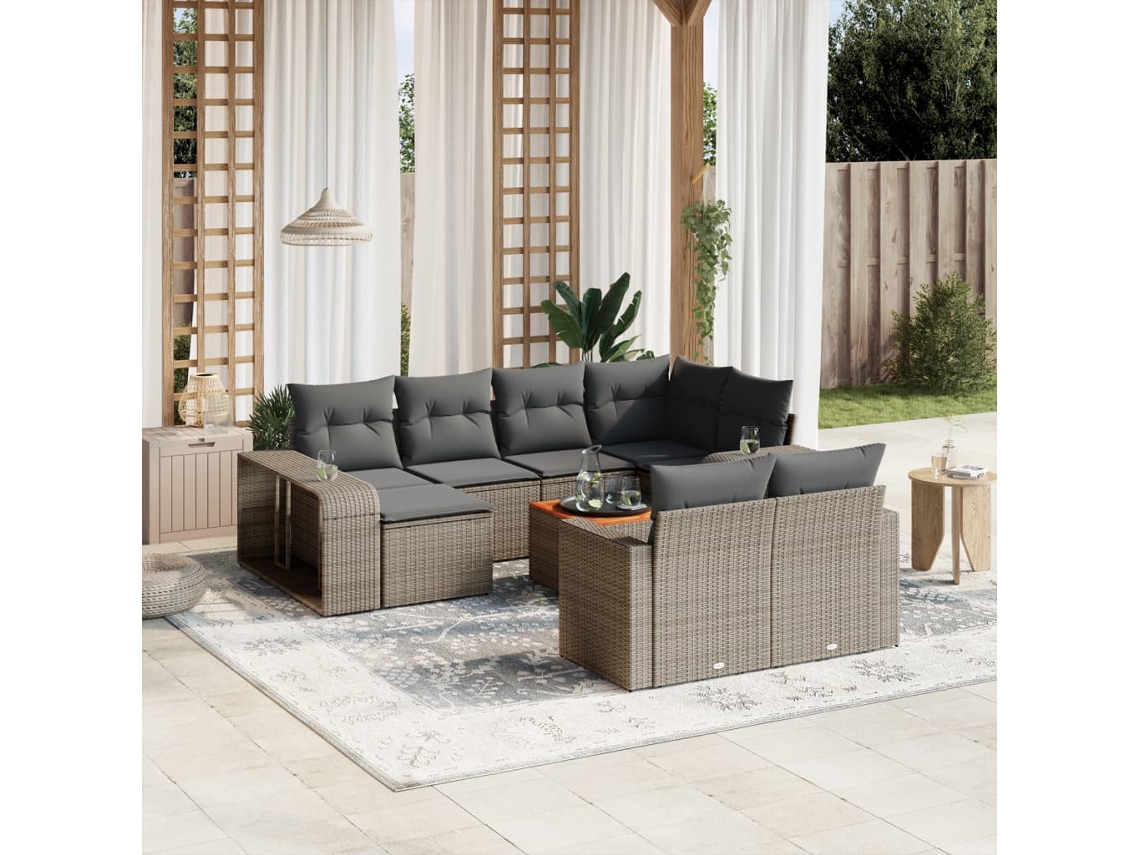 Vidaxl 11 Pcs Conjunto Sofás De Jardim C/ Almofadões Vime Pe Cinzento