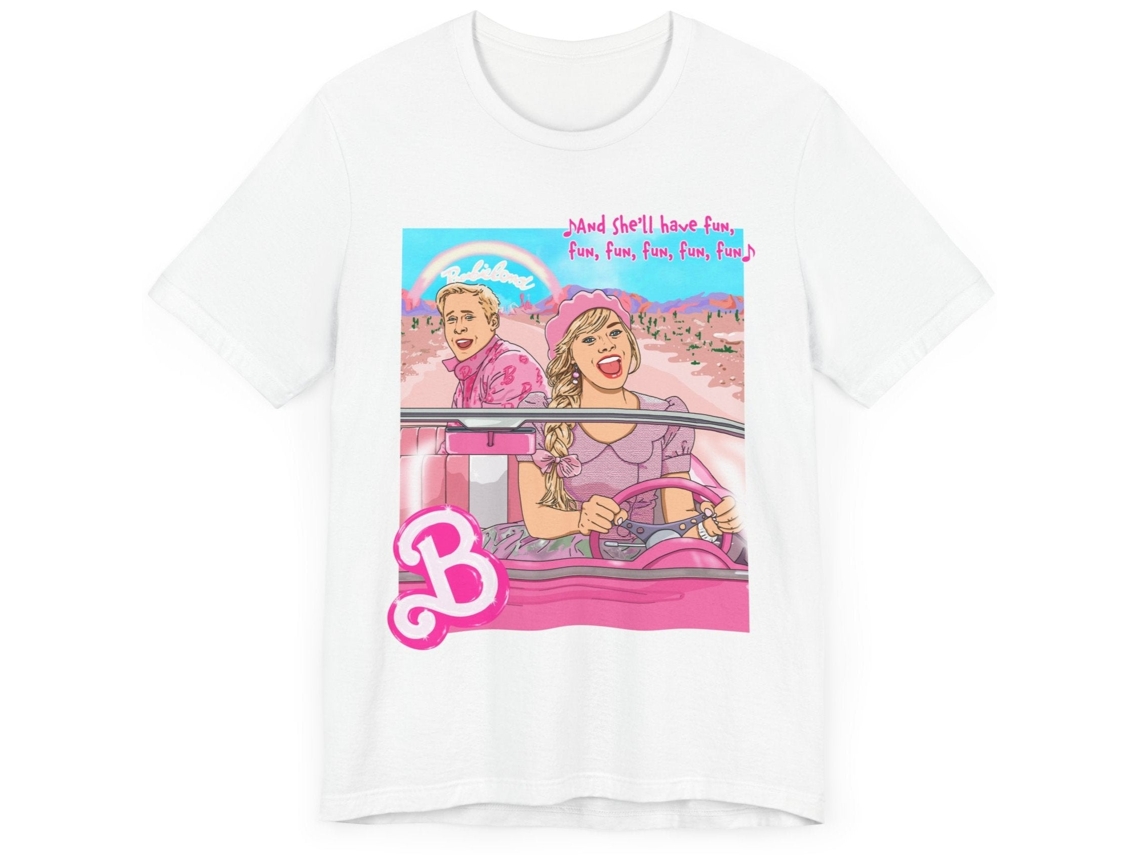Rockinstone Barbie T-shirt - Pink Corvette White Graphic Unisex T-shirt Rockinstone Sizexxxl