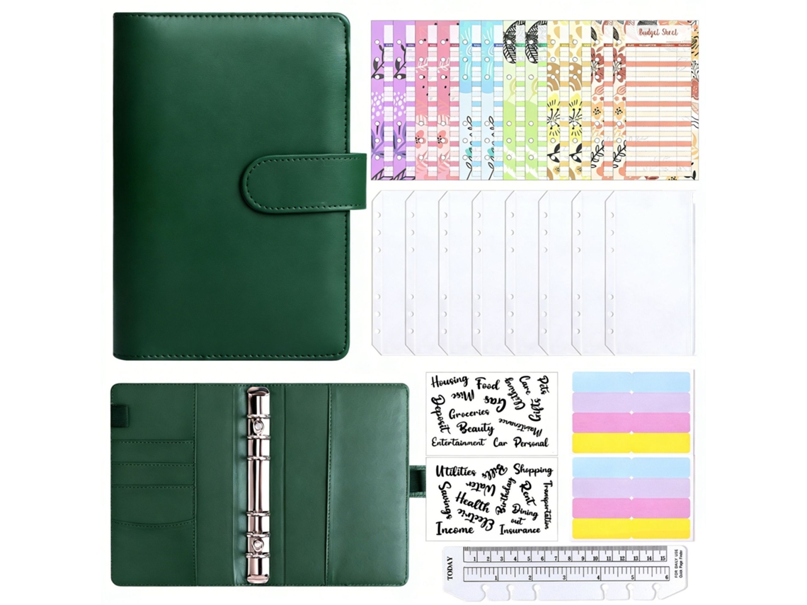 A6 Pu Leather Binder Dark Green Home Budget Planner With 8-zipper Pouches, 12-cash Budget Cards, Label Stickers