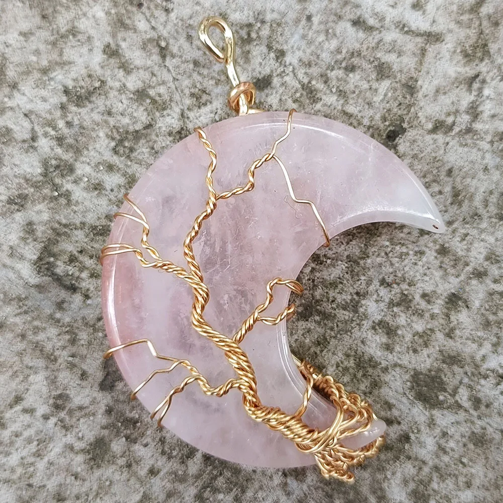 Colar Árvore Da Vida Lua Envolta Com Pingente De Cristal Rosa Natural