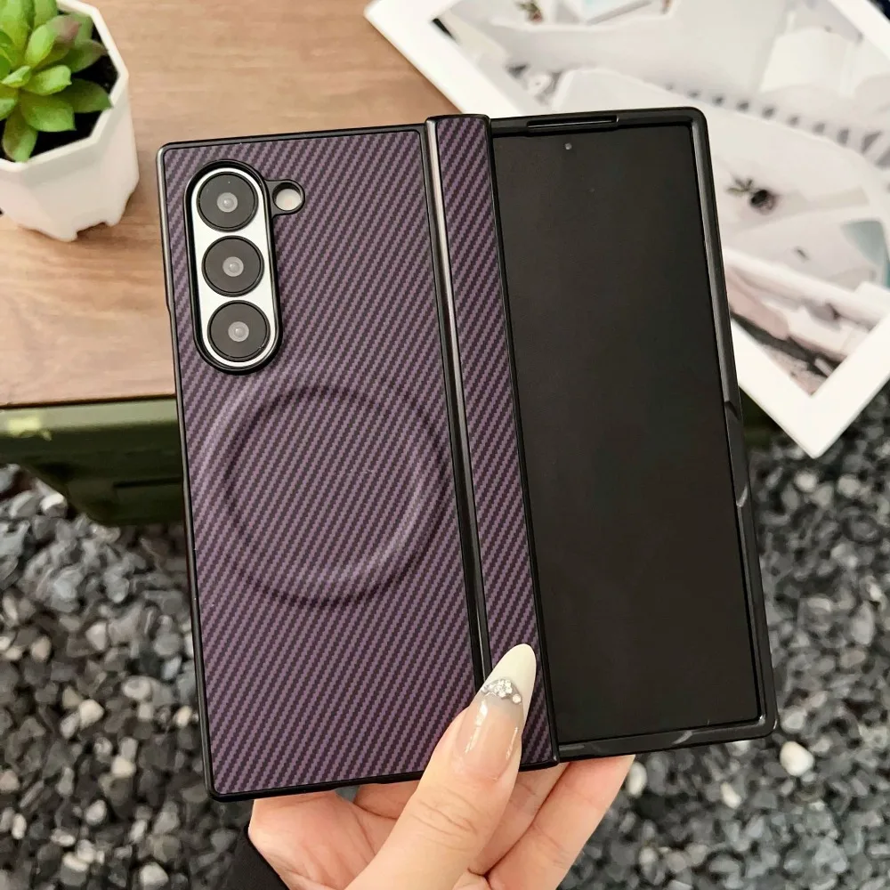 (roxo, Galaxy Z Fold5) Capa Protetora Premium Com Dobradiça Magnética E Textura De Fibra De Carbono Para Carregamento Sem Fio Magsafe.