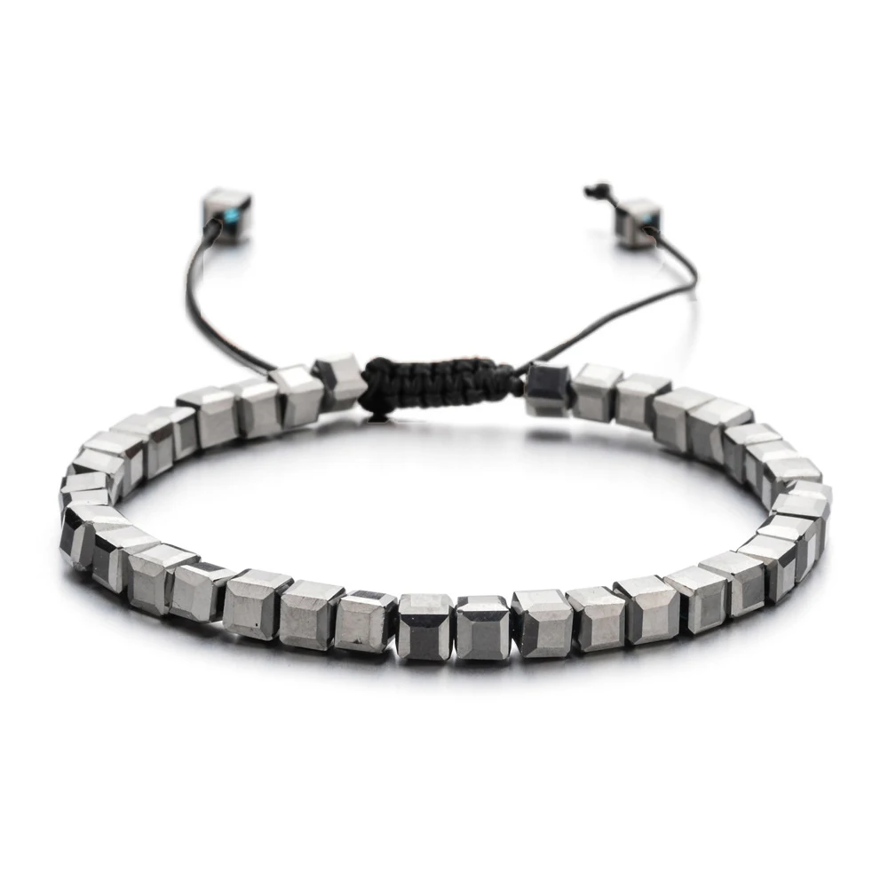 Pulseira Quadrada Com Contas De Cristal E Cordão Trançado Ajustável.