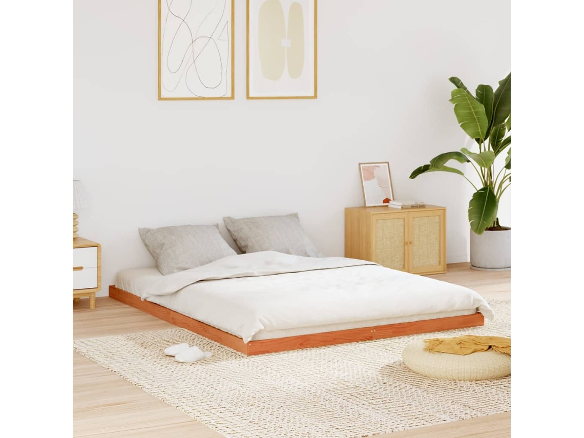 Estrutura De Cama 150x200 Cm Madeira Pinho Maciça Castanho Cera