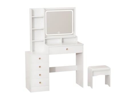 Toucador Com Espelho Led - Flasidu - 5 Gavetas - 3 Modos De Iluminação - Branco - 90×36×132cm - Estilo Moderno
