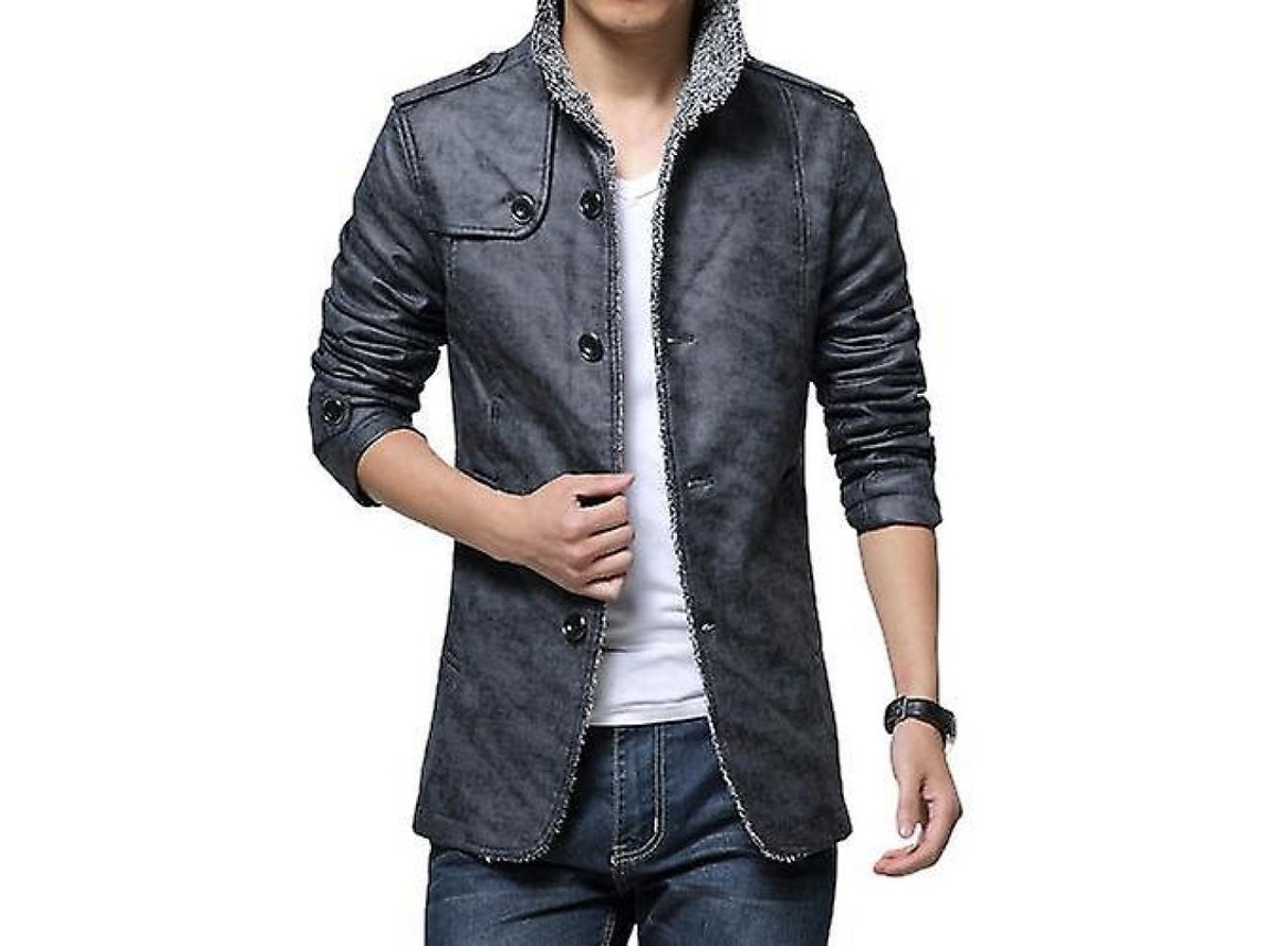 2026 chaqueta de Cuero Pu para Hombre Invierno Abrigo Largo Antiviento Plush Casual Msb 2xl Cinza