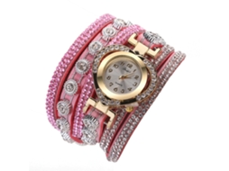 Relógio de Pulso Feminino Retro com Quartzo, Cinturão Multicamada e Strass Rosa
