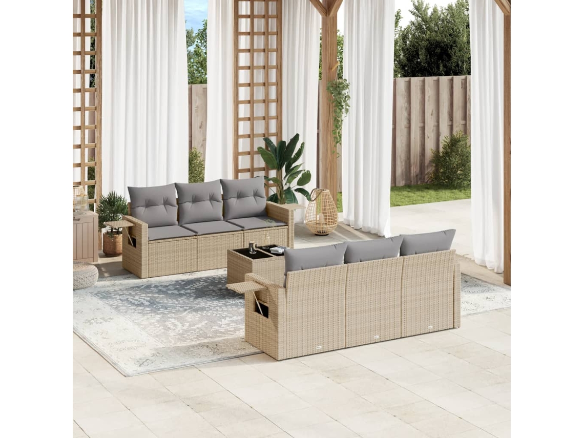 Vidaxl 7 Pcs Conjunto De Sofás P/ Jardim Com Almofadões Vime Pe Bege