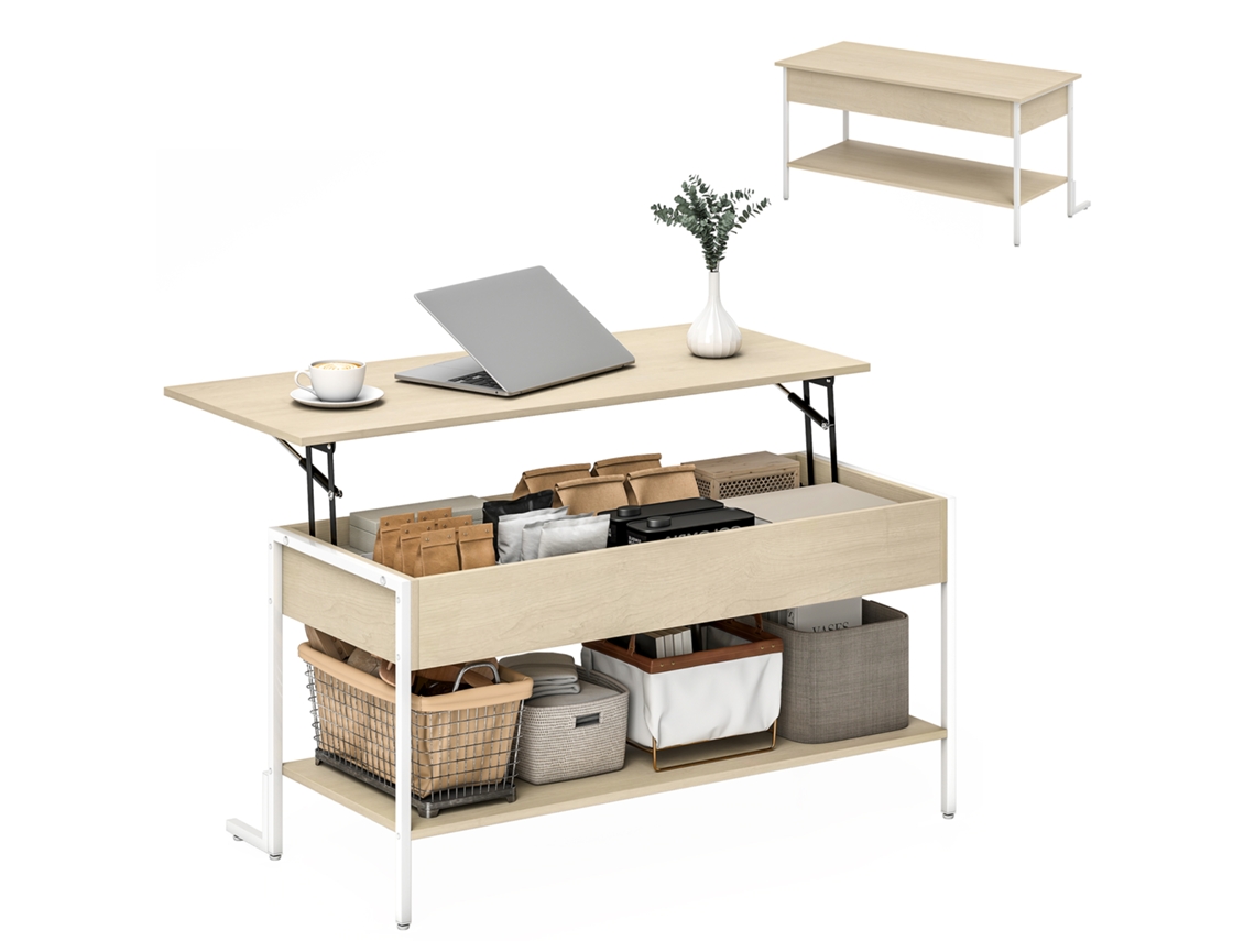 Mesa de centro elevatória com superfície macia e espaço oculto, madeira e branco BTFORUS (95x40x59 cm)