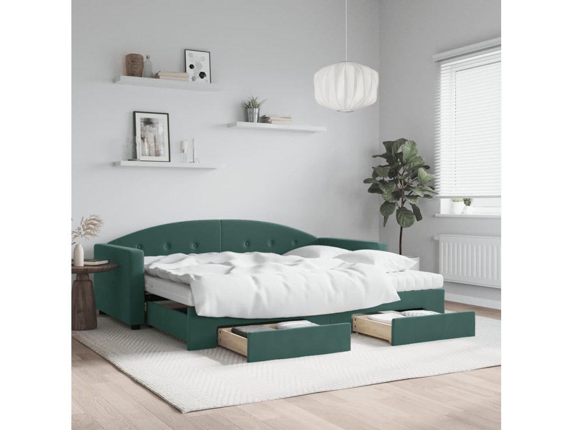 Sofá cama con cajones y terciopelo verde oscuro de 90x200 cm.