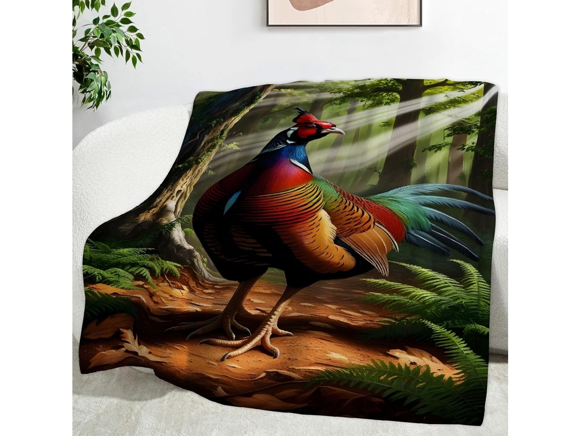 Manta com Estampa de Faisão e Gola Florestal 130x150 Cm Multifuncional Macia Aconchegante em Flanela Ideal Par
