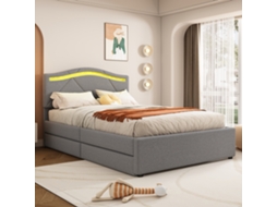 Cama Estofada 90x200cm, Base Ripas, Led, 2 Gavetas, Cabeceira Ajustável, Linho, Minimalista, Cinza, Sem Colchão-op