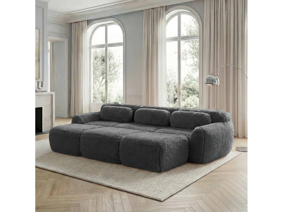Sofá Modular 3 Lugares Capacho Texturizado Macio, 3 Pufes, Sofá Cama Confortável Cinza MOBRIO