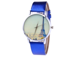 Relógio de pulso unissex de quartzo com pulseira de PU, Torre Eiffel T420-yx Azul