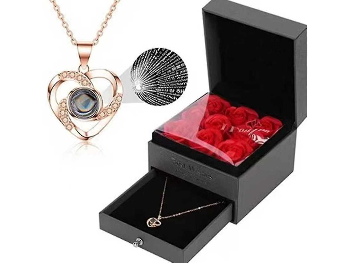 Conjunto de Presente com Rosa Real Preservada e Colar Eu Te Amo em 100 Idiomas
