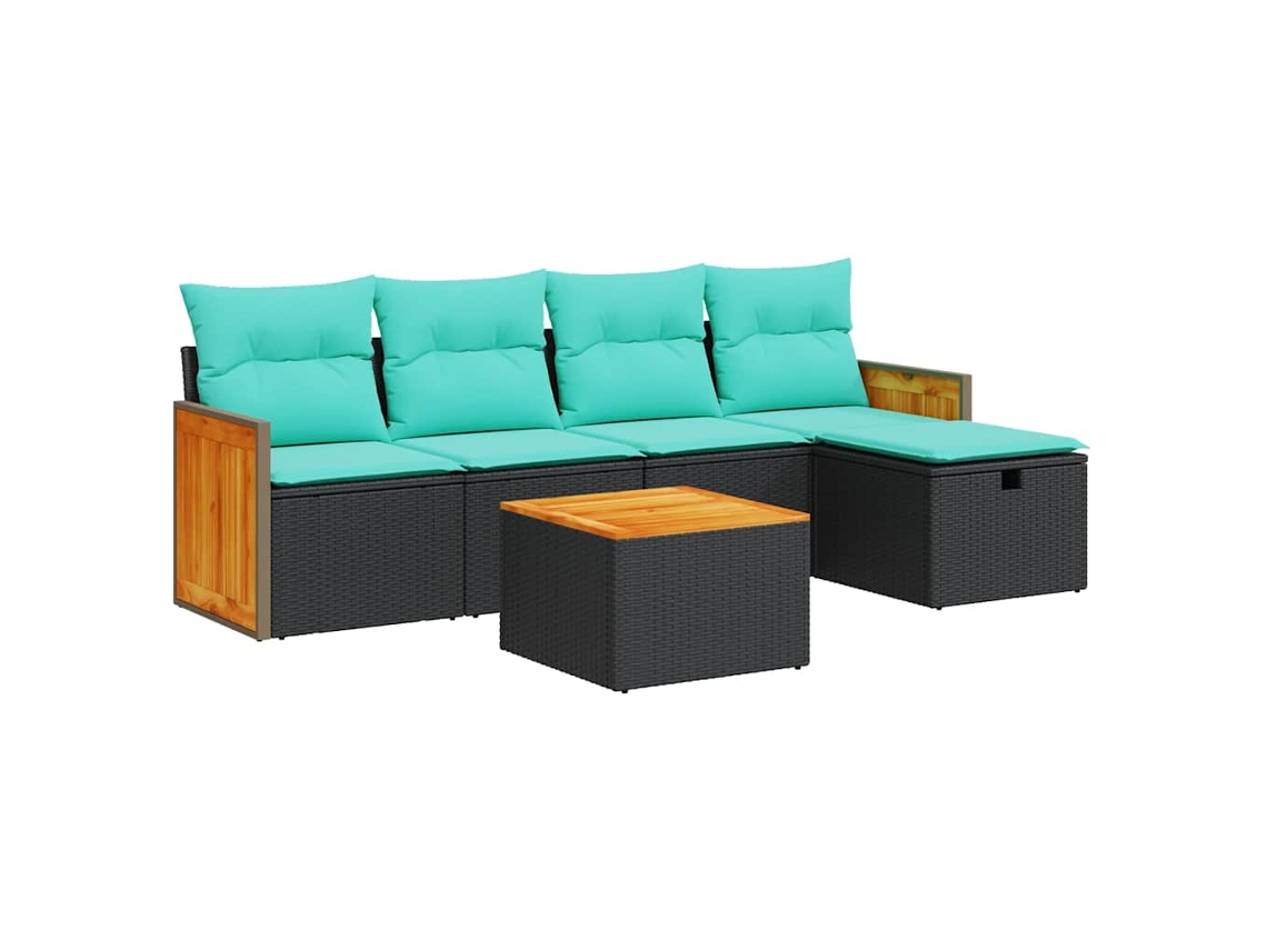 Conjunto Sofás de Jardim 6 Pcs com Almofadões Vime Pe Preto MAISON EXCLUSIVE (6 pcs)