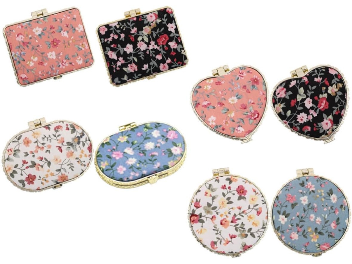Conjunto de 8 pequenos espelhos decorativos para bolsa com estampa floral, espelho compacto portátil.