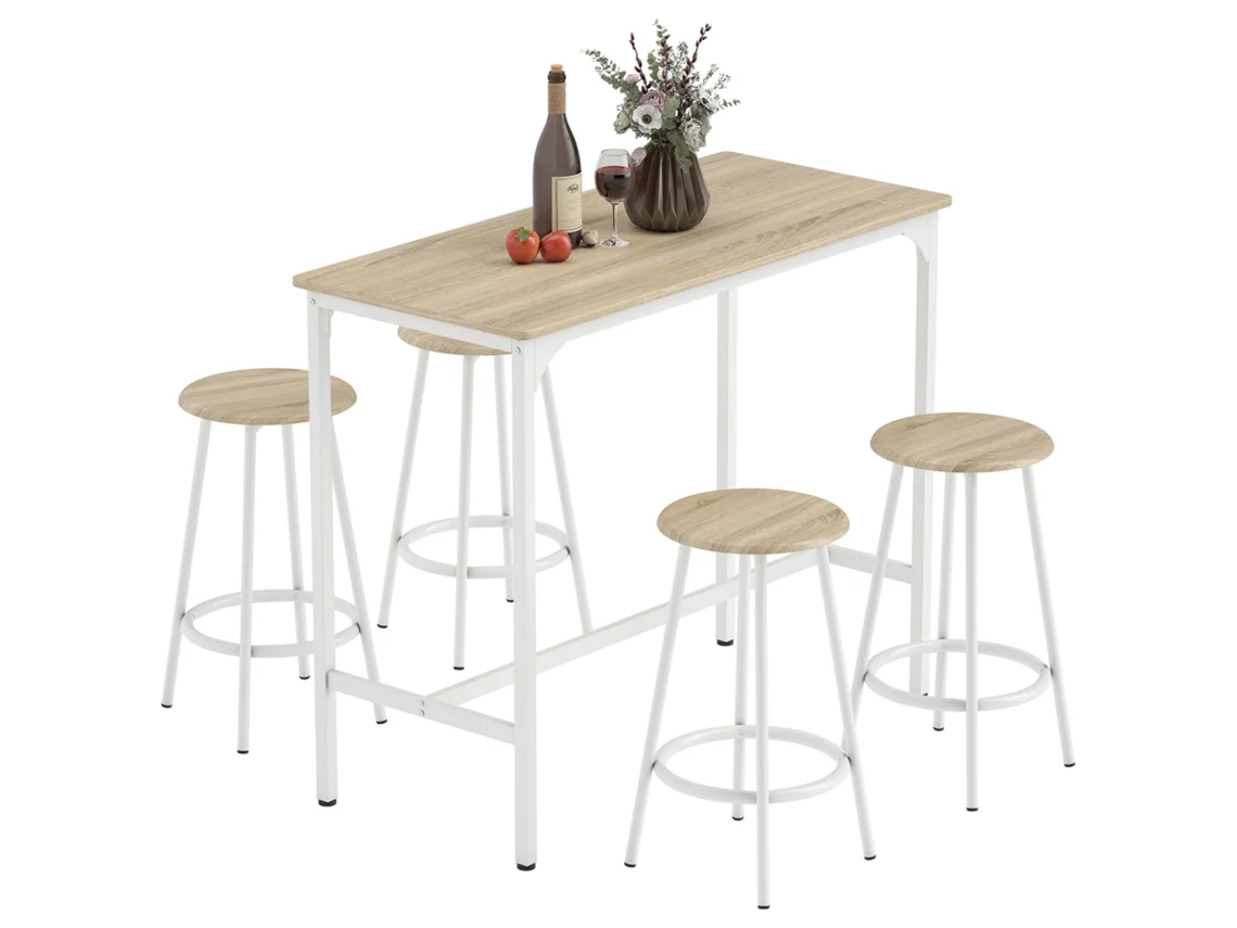 Conjunto De Móveis Altos De Bar Com 5 Peças, Mesa De Refeição Industrial E 4 Bancos Redondos, Madeira E Branco