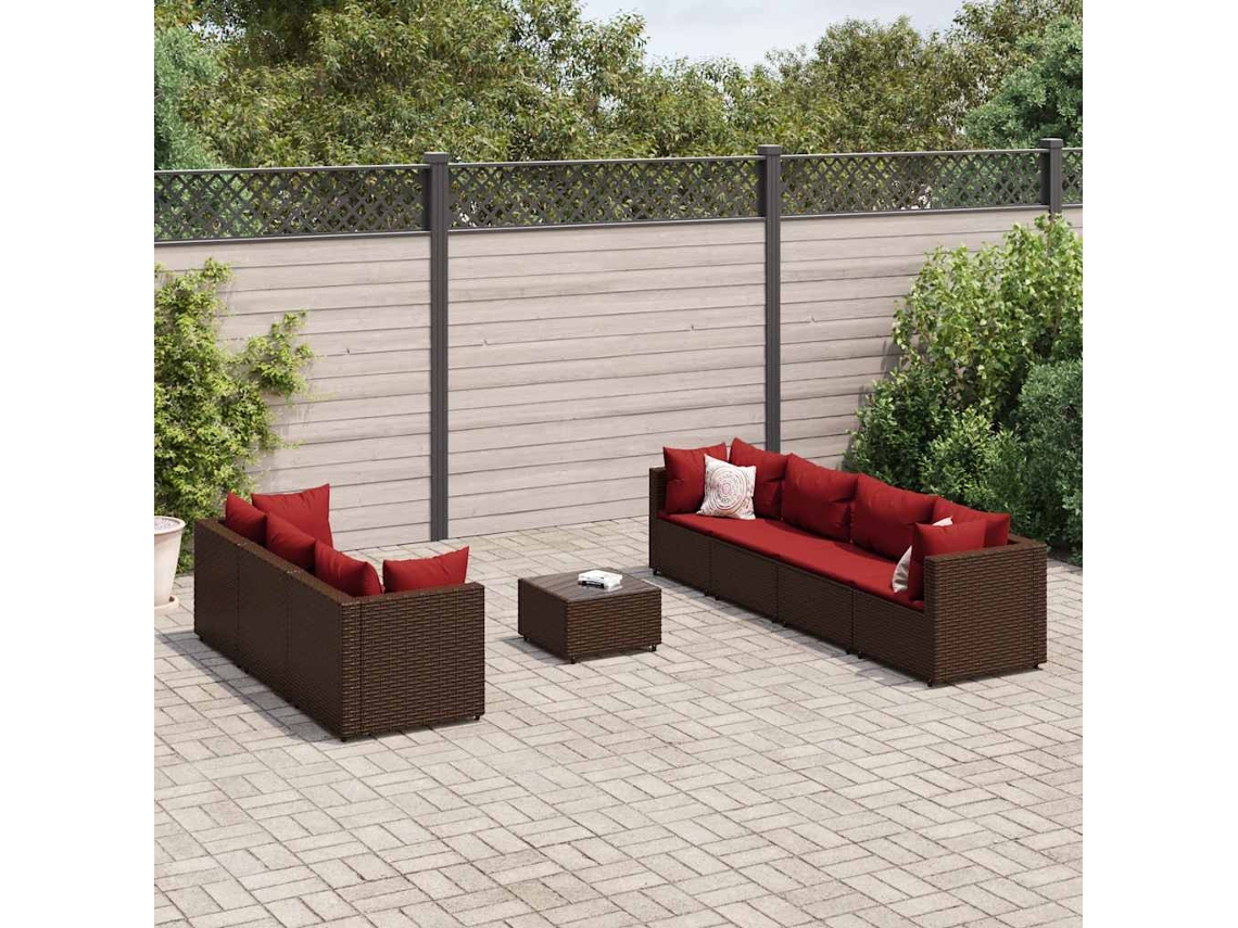 Vidaxl 8 Pcs Conjunto Lounge Jardim C/ Almofadões Vime Pe Castanho