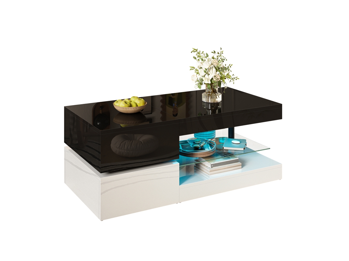 Mesa Centro Led 90x45cm, App/bluetooth, Vidro, Preto/branco.