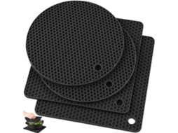 Conjunto 4 Tapetes Silicone Resistentes Calor - Pegas Panela - Base Antiderrapante - Para Panelas Quentes - Silicone - Preto