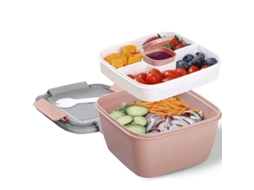 Caixa Salada Almoço - Recipiente Portátil Refeições - Com Garfo E Caixa Molho - Plástico - Rosa