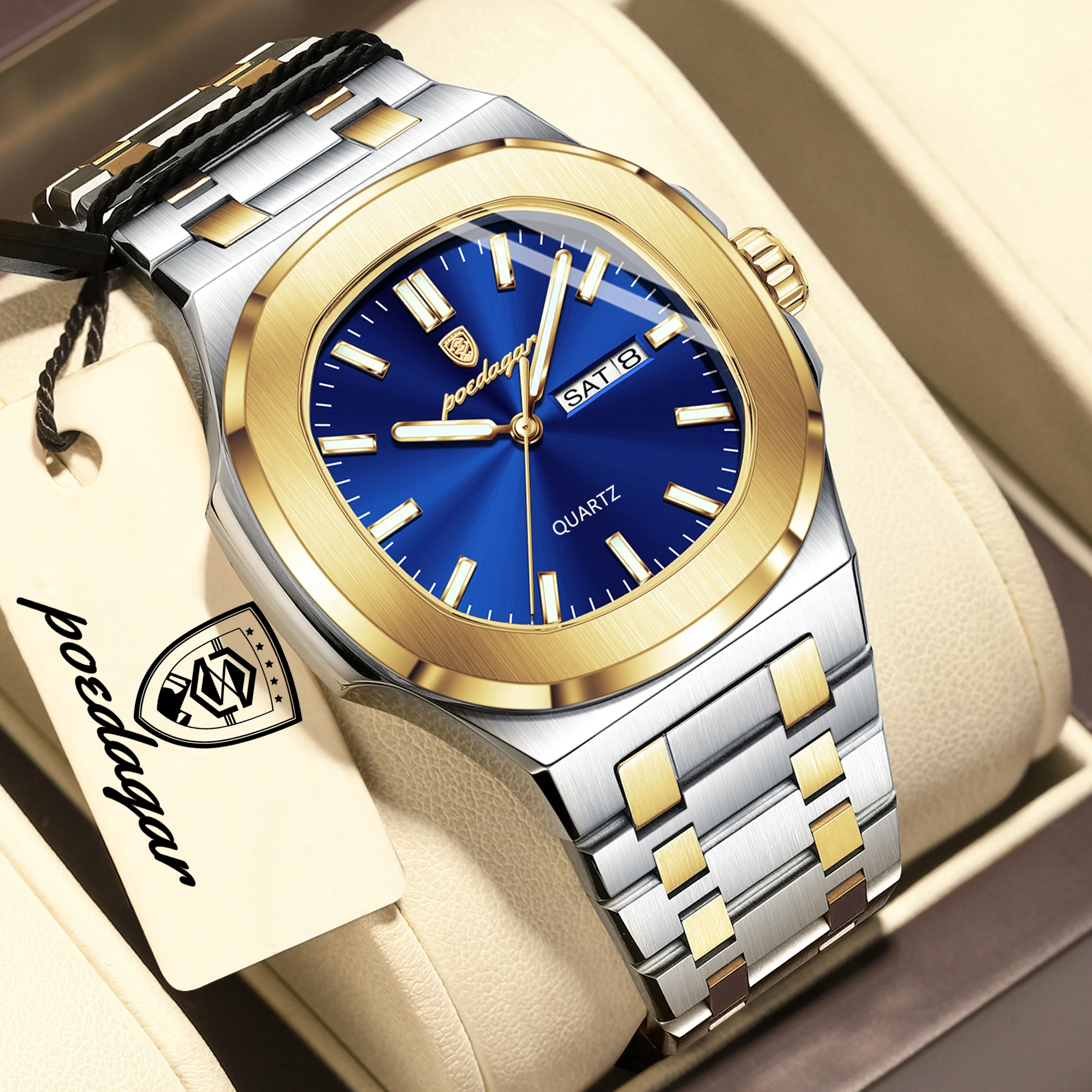 Relógio Masculino Casual De Luxo (dourado E Azul), À Prova D'água, Com Data E Dia Da Semana Luminosos.