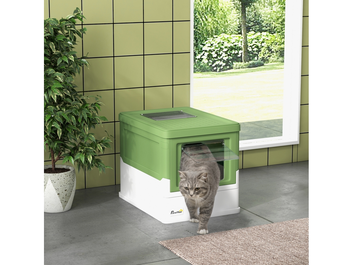 Caixa de areia dobrável para gatos em pp verde claro, com bandeja removível, 2 portas e colher, 47,5x35,5x36,7 cm