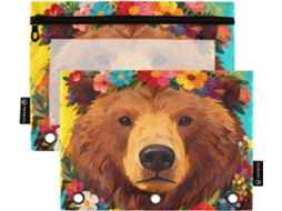 Pastas Com Estampa De Urso Marrom E Coroas, Fichário Com Argolas E Janela Transparente Em Várias Cores, 3 Lápis