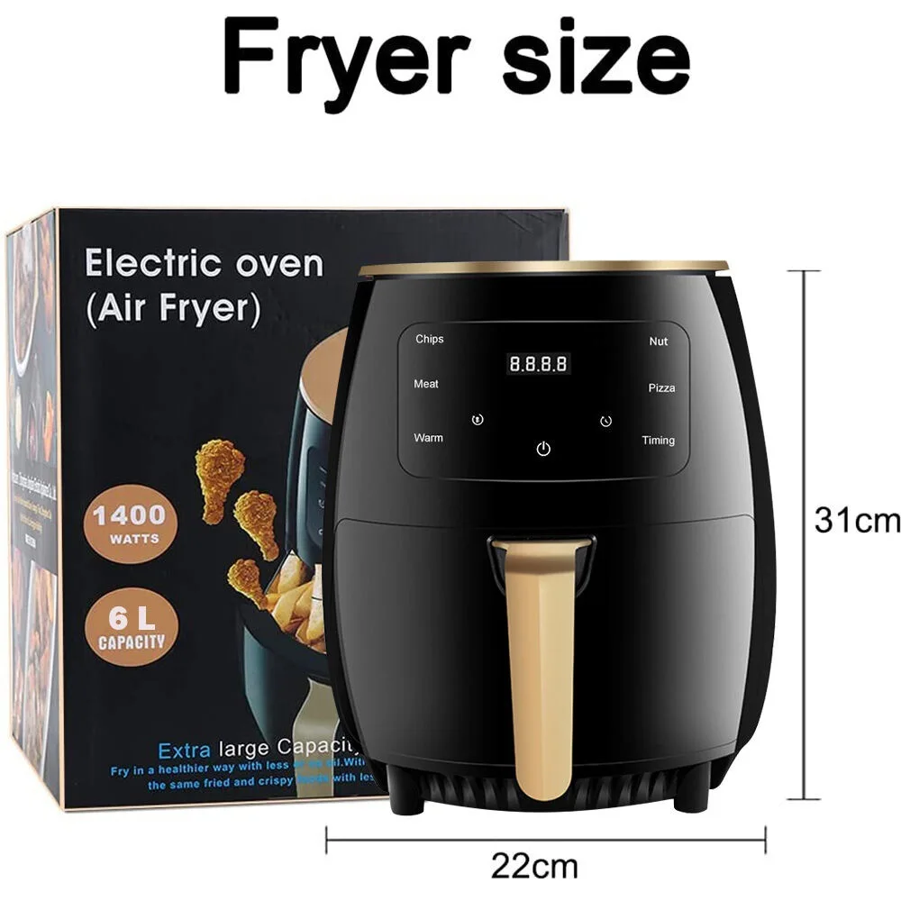 Fritadeira elétrica sem óleo com capacidade de 6 litros, 2200 watts e tecido multifuncional sensível ao toque.
