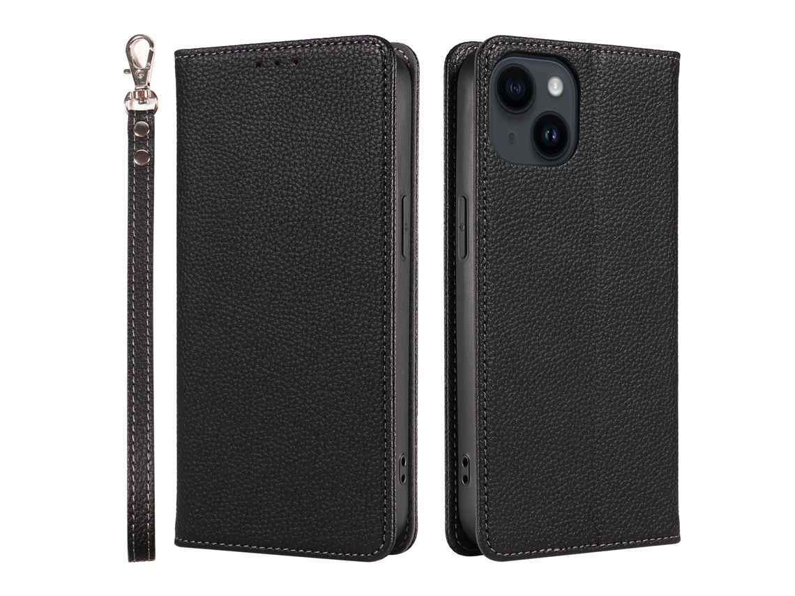 Capa De Couro Para Celular Com Estampa De Lichia E Fecho Magnético.preto - Iphone 14 Plus