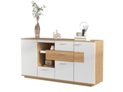 Aparador moderno de 160×40×77 cm com 2 portas, 4 gavetas, painel de vidro, iluminação LED e acabamento em madeira, branco, multifuncional para sala de estar.