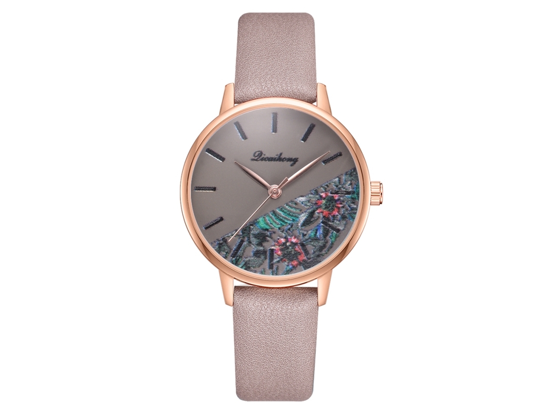 Relógio de Pulso Feminino de Quartzo com Pulseira Pu Ajustável Padrão Floral Champagne