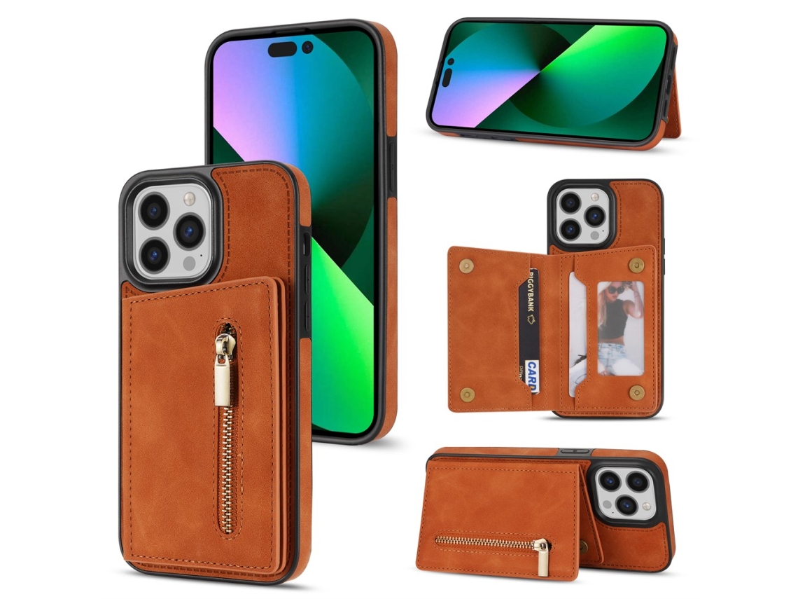 Capa Em Couro Pu Com Suporte Para Apple Iphone 16 Pro - Laranja