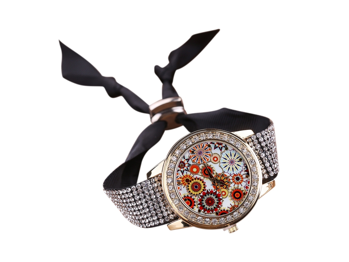 Relógio de Pulso Feminino de Quartzo com Bracelete de Tecido e Strass, Preto