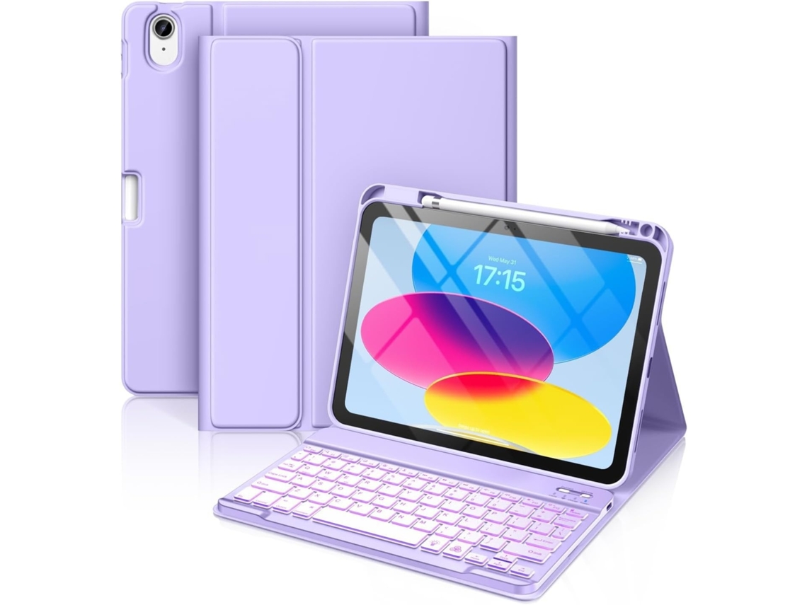 Elysve Capa Para Tablet 10,9 Polegadas, Com Teclado Sem Fios Retroiluminado Roxo Claro, Para 10ª Geração Ipad