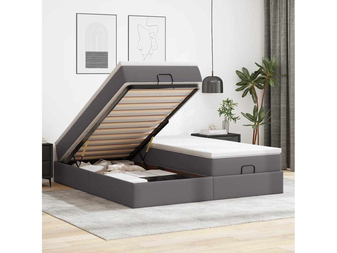 Vidaxl Estrutura De Cama Otomana Com Colchão Cinza Couro Falso