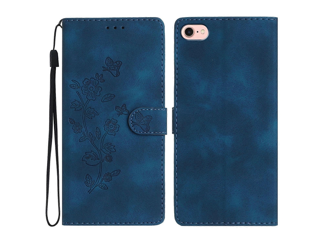 Capa De Couro Com Estampa De Flores E Alça De Pulso Para Iphone 16e - Azul
