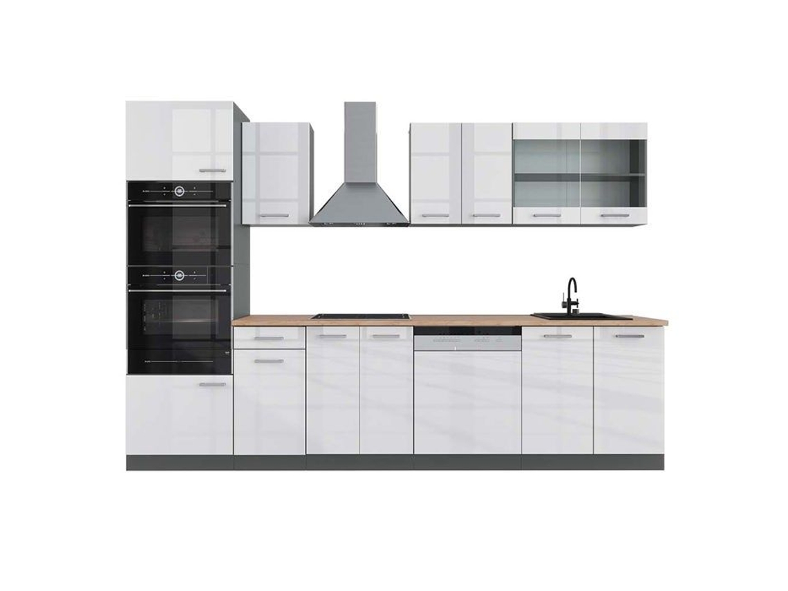 Cozinha R-Line, 300 cm com armário alto, PT Carvalho, Branco brilhante/Antracite, Vicco