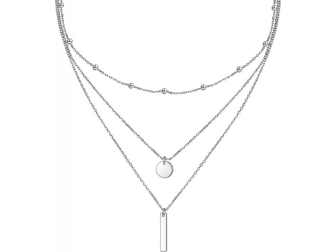 Colar feminino de prata esterlina S925 com três camadas e extensor, estilo geométrico multicamadas.