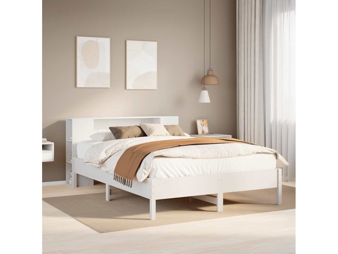 Vidaxl Cama com Estante Sem Colchão 140x190 Cm Pinho Maciço Branco