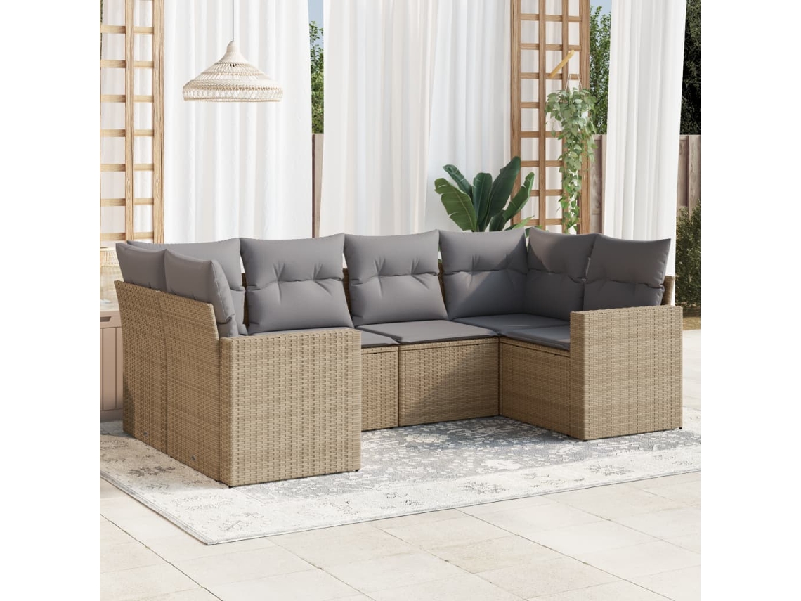 Vidaxl 6 Pcs Conjunto De Sofás P/ Jardim Com Almofadões Vime Pe Bege