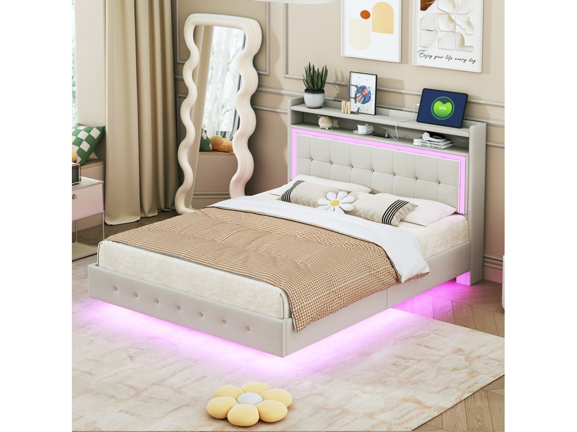 Cama Casal 1,40m X 2,00m, Com Tomada Usb E Luz Led, Cabeceira Com Nicho, Pés Ocultos, Tecido Linho Bege.