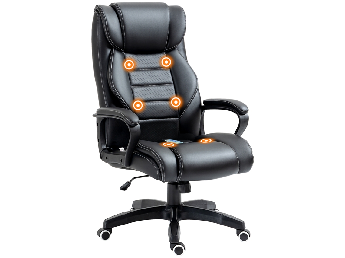 Poltrona De Massagem Preta De Couro Sintético, 6 Pontos, Altura Ajustável, 66×78×112-120 Cm