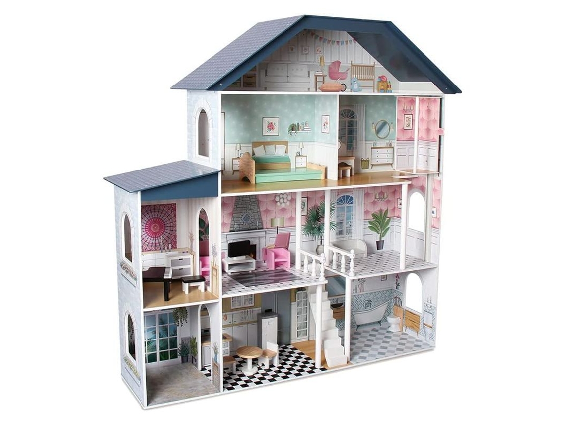 Casa De Muñecas De Madera Deqube 4 Pisos Con Accesorios 135x35x128cm Más De 3 Años Dequbevolumen