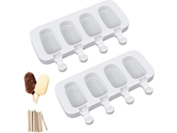 Conjunto 2 Formas Gelado - Moldes Gelado - Fazer Gelados Caseiros - Reutilizável - 50 Paus Madeira - Silicone - Branco