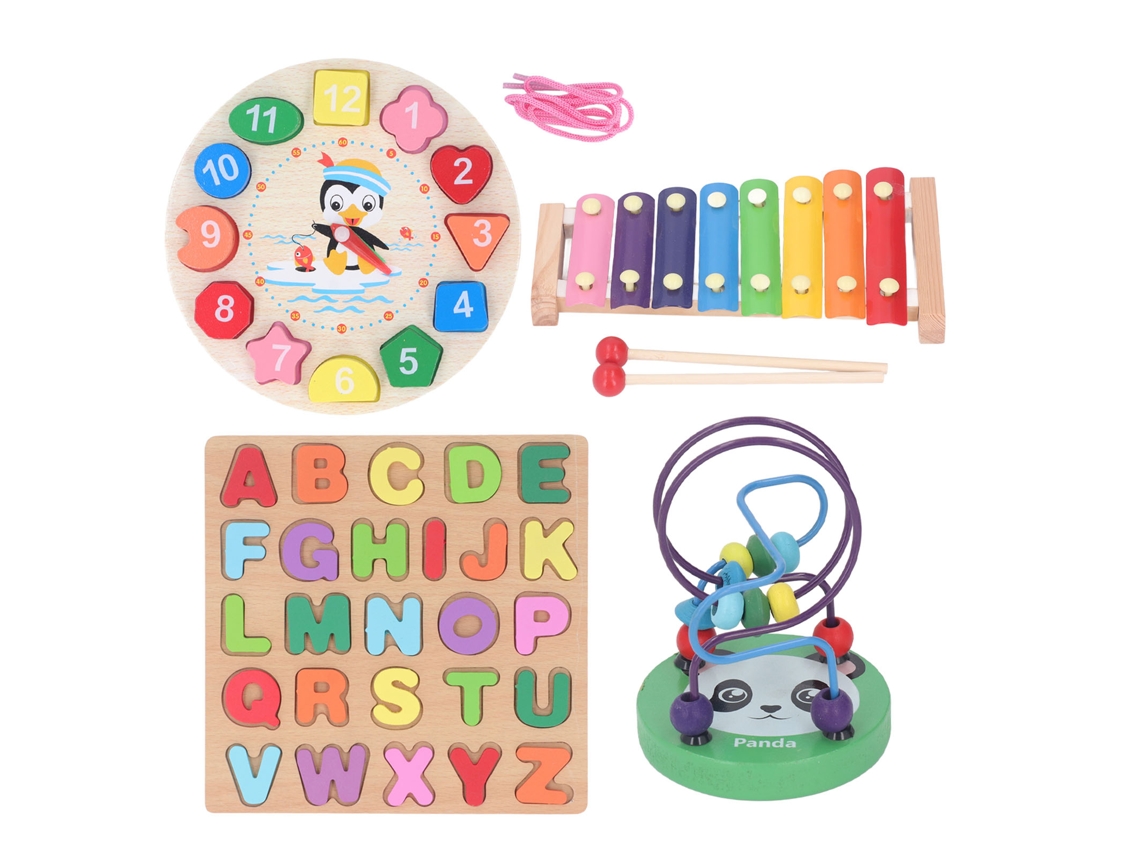 Mali conjunto de Brinquedos Educativos para Bebê Xilofone Labirinto Relógio Alfabeto de Madeira