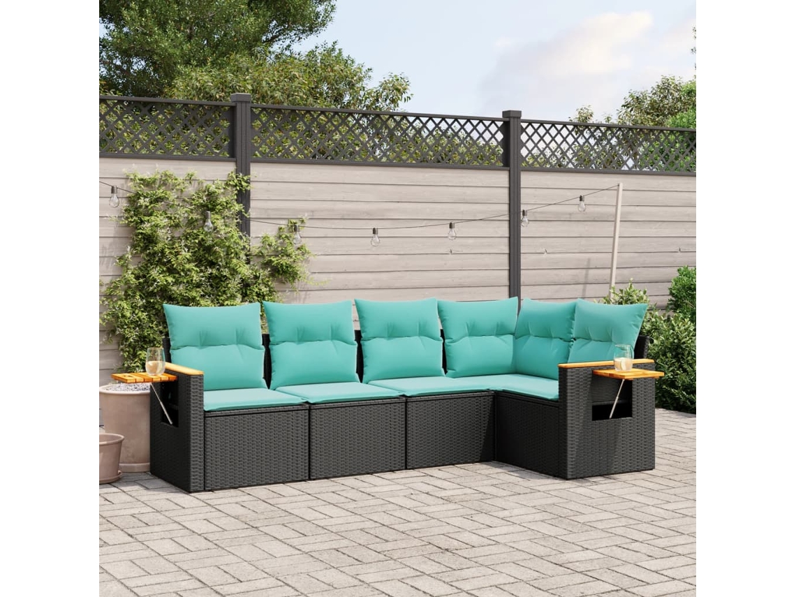 Vidaxl 5 Pcs Conjunto de Sofás P/ Jardim C/ Almofadões Vime Pe Preto