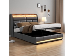 Cama Estofada 160x200 Cm em Pu Preto com Iluminação Led, Portas Usb, Base Hidráulica, Armazenamento, SIMURQ