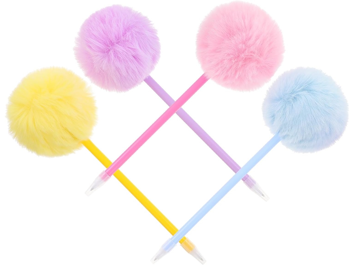 Conjunto De 4 Canetas Fofas Com Pompons De Pelúcia, Canetas Portáteis