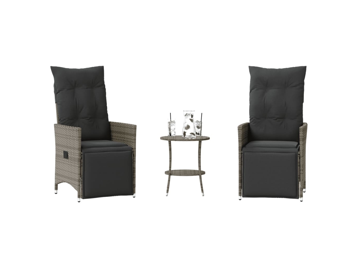 Vidaxl 3 Pcs Conjunto Bistrô Com Almofadões Vime Pe Cinza
